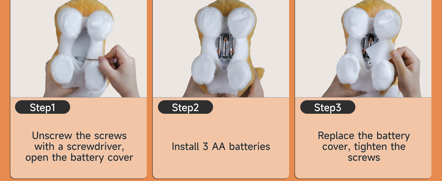 Step-by-step battery installation instructions showing hands opening a device, installing AA batteries, and replacing the battery cover across 6 sequential images.
