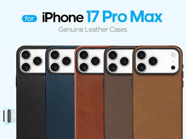 Text reads 'iPhone 17 Pro Max'. Product image showing leather phone cases in five colors: black, navy blue, brown, dark brown, and tan, arranged in a row.