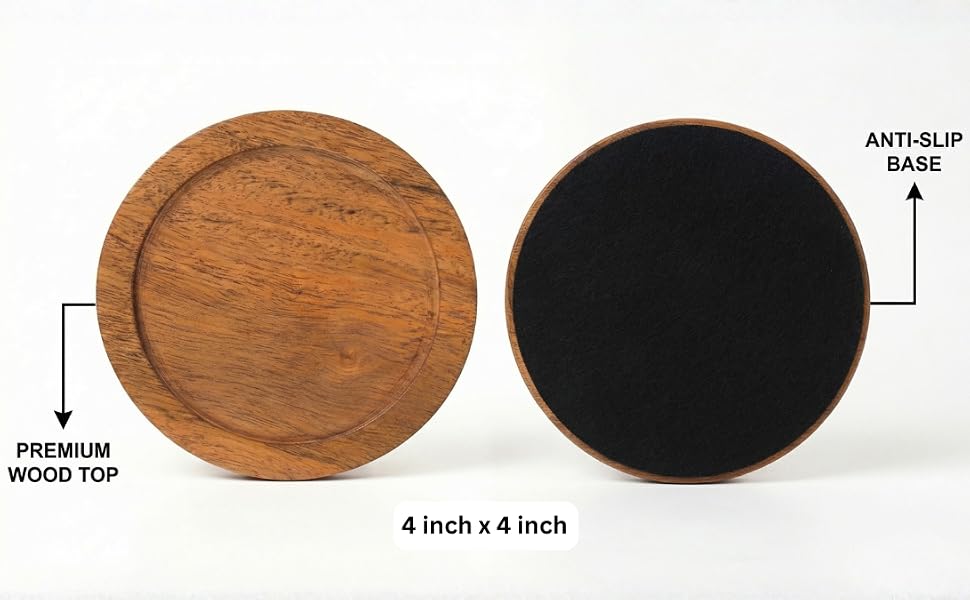Premium natural round wood coaster anti slip base 4 inch x 4 inch