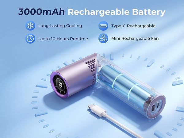 rechargeable personal fan with long battery life suitable for outdoor activities and travel use