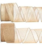 Ribbli Champagne Gold Wired Ribbon,Metallic Champagne and Glitter Mesh Ribbon,Christmas Ribbon fo...