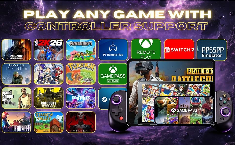 Text reads 'PLAY ANY GAME WITH'. Gaming interface showing multiple game thumbnails in a grid layout with colorful game covers and icons.