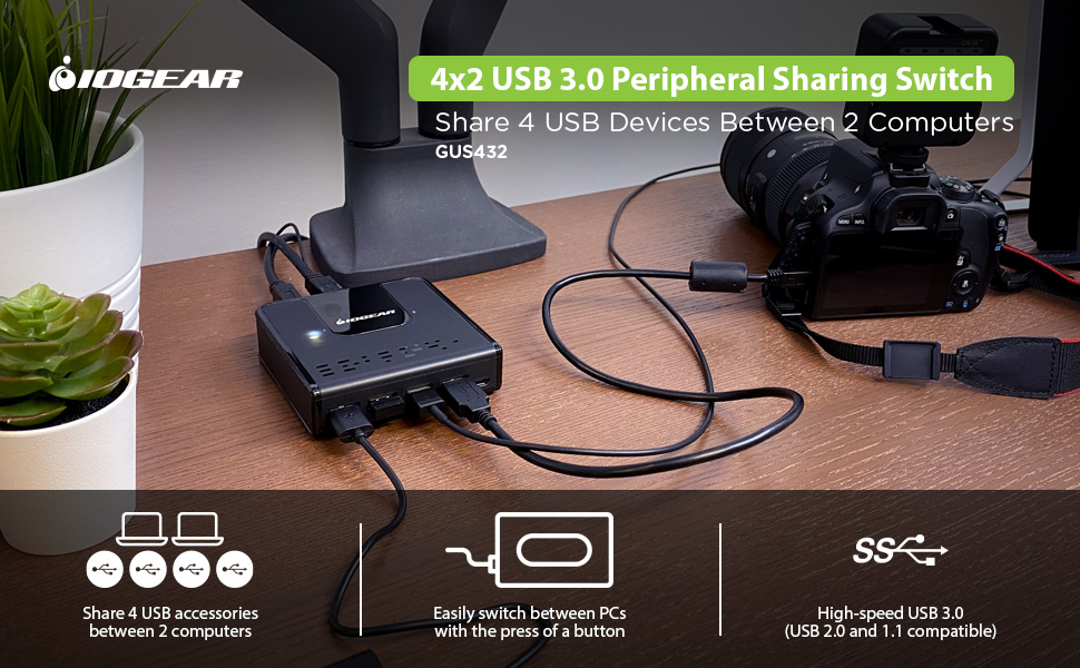 4x2 USB3.0 Peripheral Sharing Switch, GUS432, Share 4 USB accessories between 2 computers