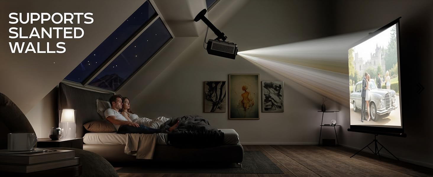 SUPPORTS SLANTED WALLS; angled mount projects onto screen in attic room.