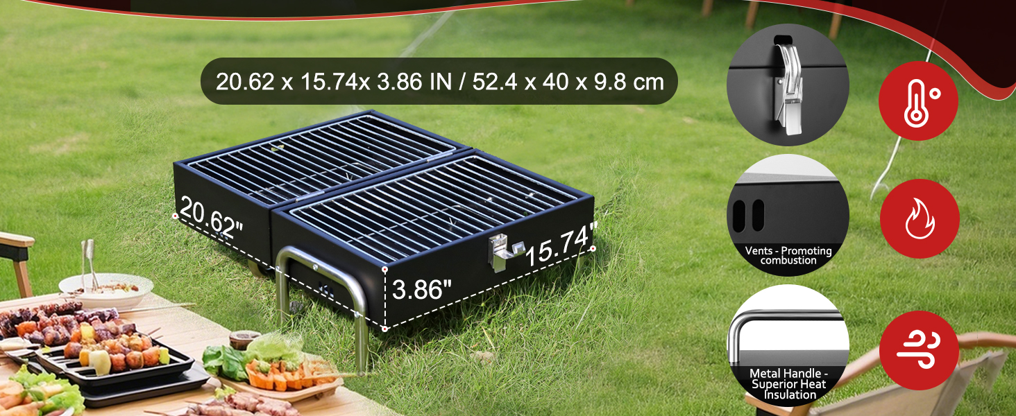 Portable outdoor grill with dimensions 20.62 x 15.74 x 3.86 inches shown on grass, featuring measurement details and icons indicating heat and ventilation features.