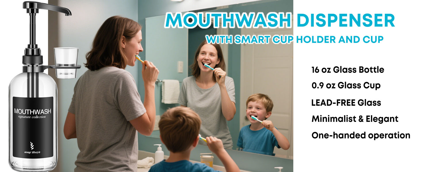 Onsogi Glass Mouthwash Dispenser with Cup Holder and Pump