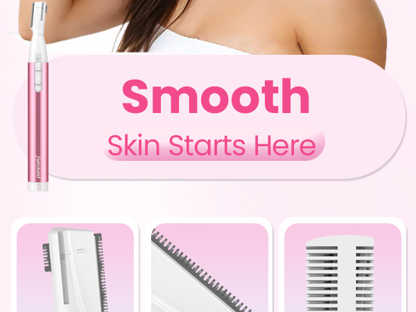 Close-up of dual blades, rounded edge and comb attachment on eyebrow trimmer