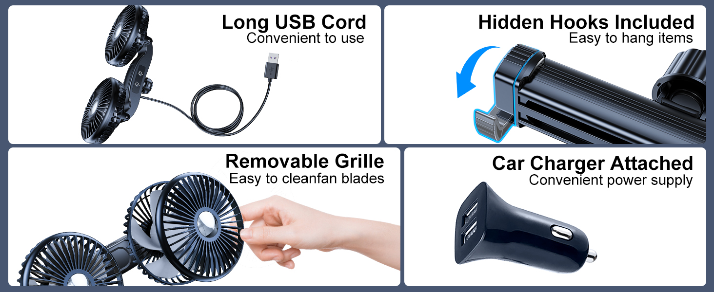 DICMKY Dual Head Car Cooling Fan for Back Seat with Long Arm, 360 Rotatable, USB Powered,