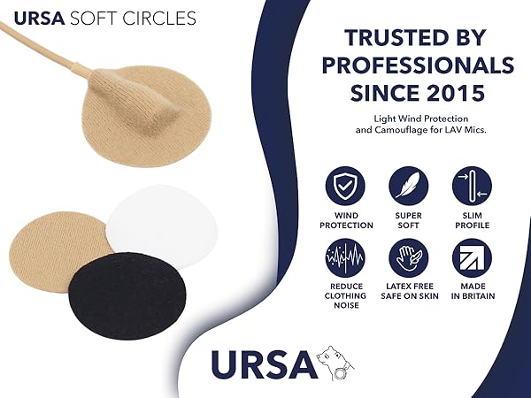 Text reads 'URSA SOFT CIRCLES', 'TRUSTED BY PROFESSIONALS', 'SINCE 2015'. Professional product branding showing circular motifs in navy blue and beige.