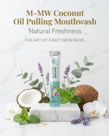 M-MW Coconut Oil Pulling Mouthwash sachet with fresh botanical ingredients.