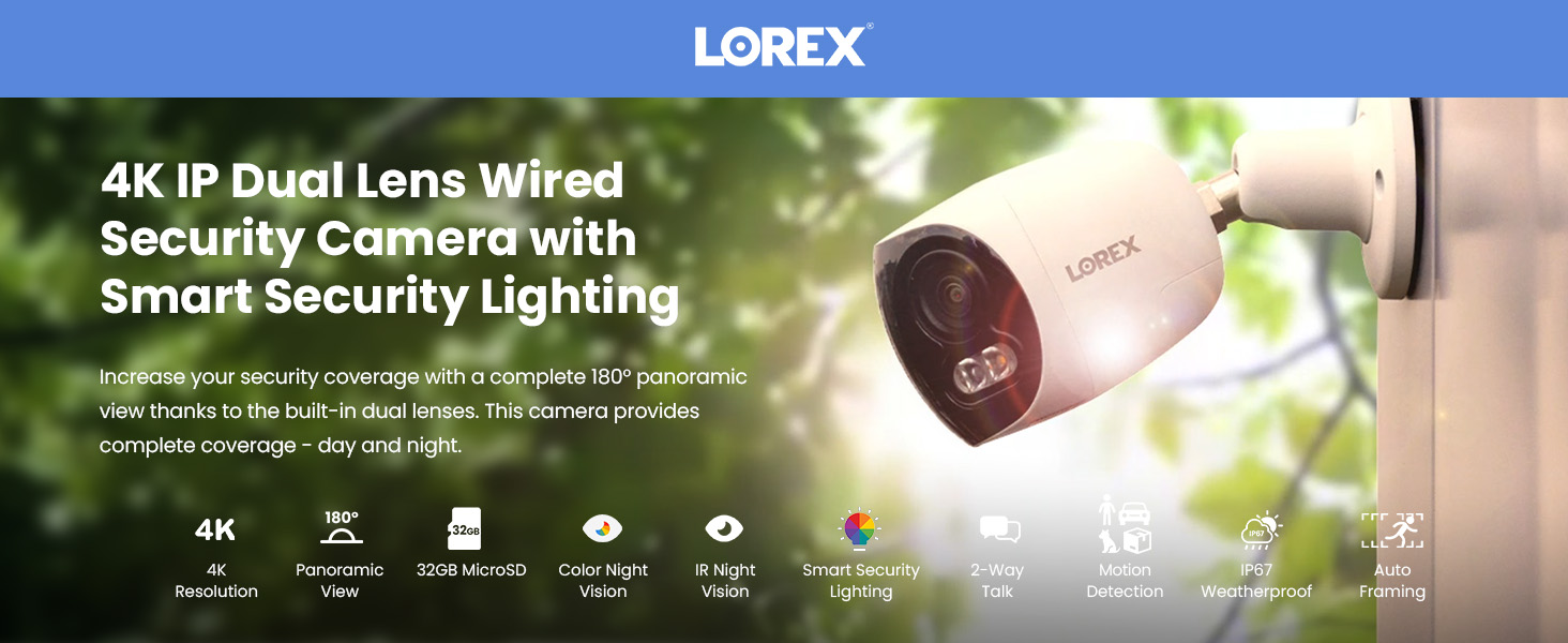 Lorex H20 4K IP Wired Dual Lens Security Camera with Smart Security Lighting and Motion Detection