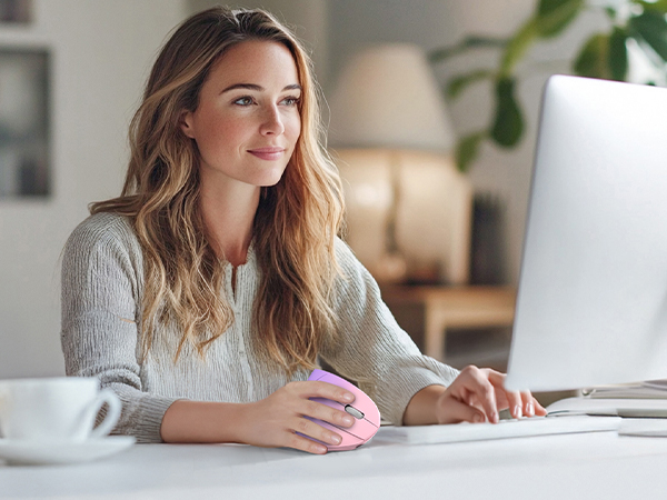 Three connected images showing someone at a desk with laptop and pink accessory, photographed from different angles in bright, modern home office setting.