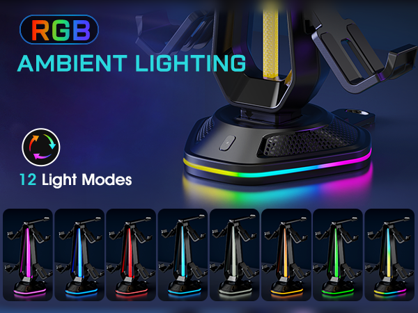 RGB Gaming Headphones Stand with 12 Light Modes, Controller Holder with 2 USB Charging Ports