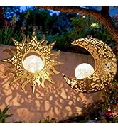 QCF Solar Hanging Sun &amp; Moon Lights Set for Outside,2 Pack Metal Lanterns Pierced Carving Soothin...