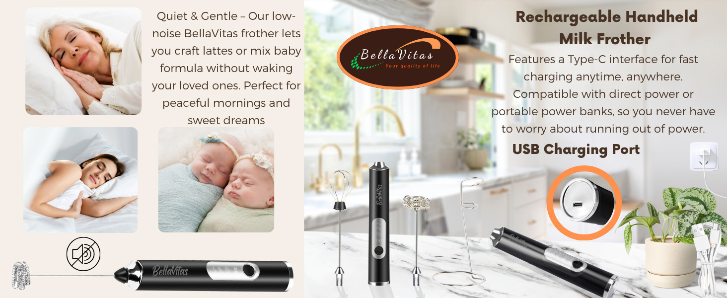 USB-C rechargeable milk frother with spring and balloon whisks and stand in a modern kitchen.