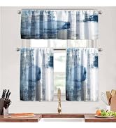 MCALK Blue Kitchen Curtains Tiers and Valances Set 3 Piece for Windows White and Grey Kitchen Win...