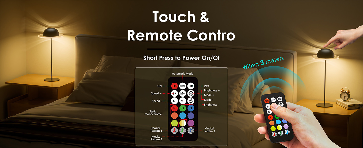 Text reads 'Touch &amp; Remote Control'. Multiple images showing smartphone app interface and colored lighting controls for smart home system.