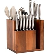 KitchenEdge Acacia Magnetic Knife Block and Cooking Utensil Holder, Sleek Storage for Chefs Knive...