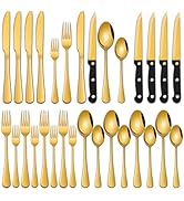 24-Piece Gold Silverware Set with Steak Knives,Golden Flatware Sets Service For 4 Person For Home...