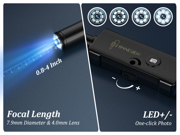 Endoscope camera. Focal length:7.9mm diameter and 4.0mm lens. Adjustable LED: one-click photo.