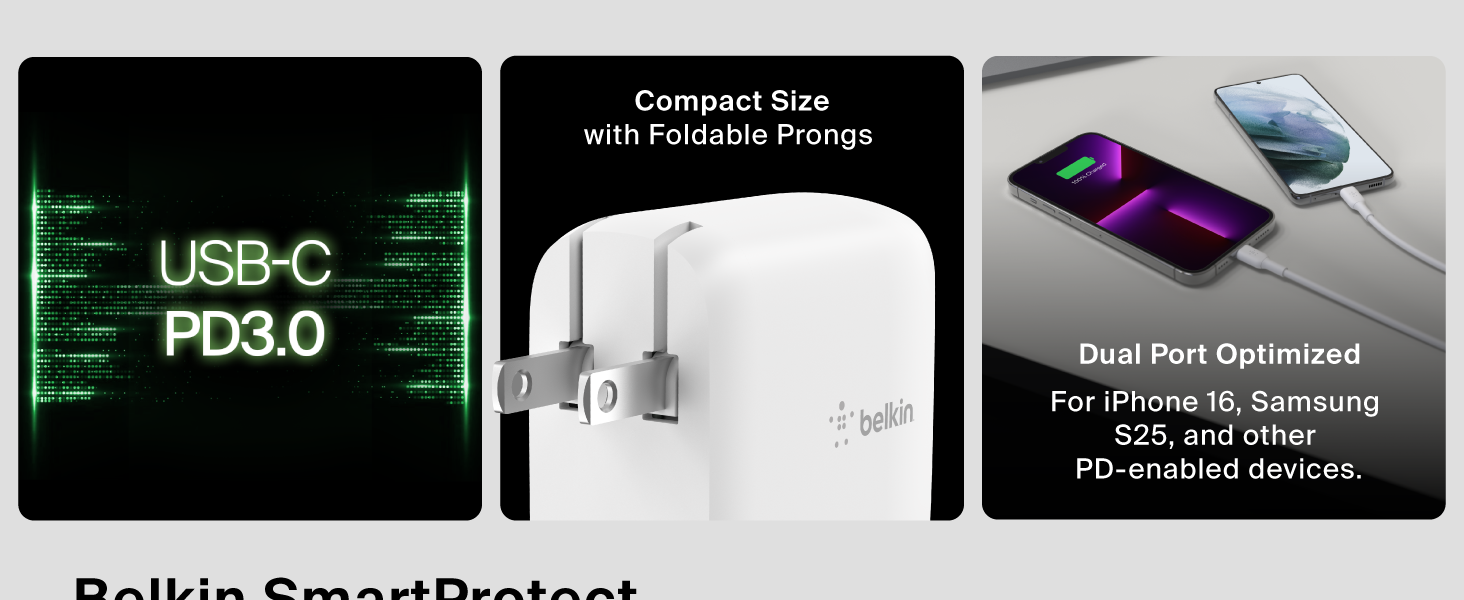 Image of usb c charging port with text reading compact size with foldable prongs.