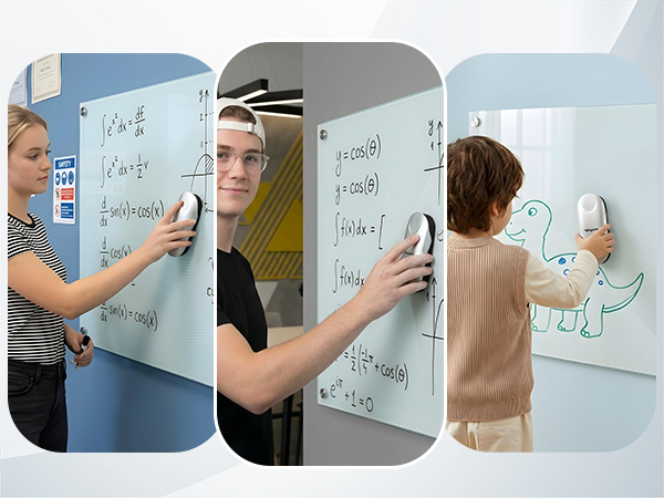 Scenarios of different people using the Wingwise whiteboard eraser.