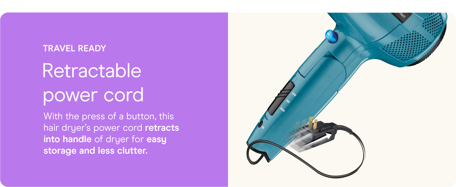 Conair small, mini, and compact hair dryer for travel. Handle folds for easy storage.