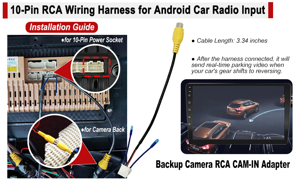 WildTundra Android Car Stereo Radio 10-Pin RCA Plug with Rearview Backup Camera