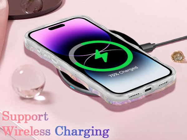 Text reads 'Support' and 'Wireless Charging'. iPhone displayed with wireless charging animation showing green charging icon on screen against pink background.