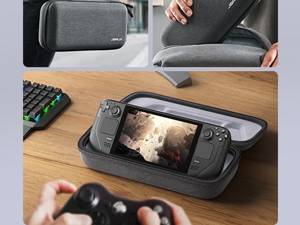 Portable gaming device with screen displayed in protective carrying case, shown on wooden desk surface alongside gaming controller.