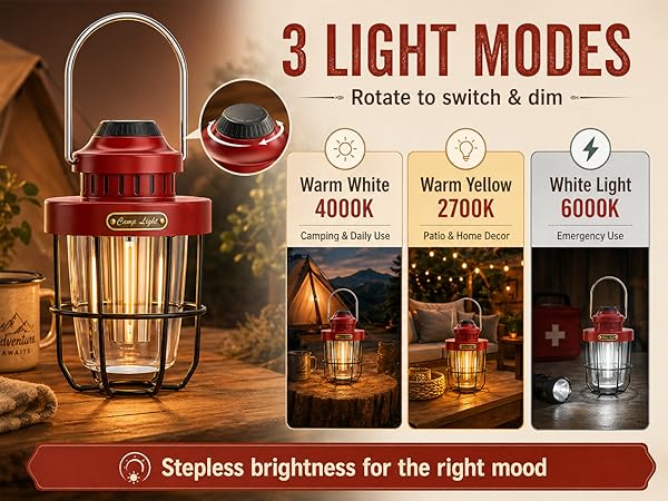 Stepless Dimmable Lantern with Knob Control, 3 Color Modes Rechargeable LED Camping Light.