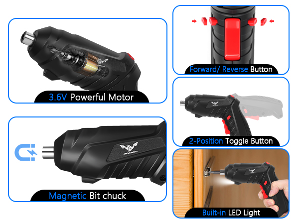Cordless power screwdriver with 3.6V motor, magnetic bit chuck, forward/reverse button, 2-position toggle, and built-in LED light. Shown in use and highlighting key features.