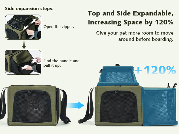 Text reads 'Top and Side Expandable, Increasing Space by 120%'. Demonstration of expandable pet carrier showing closed and expanded states with blue accent color.