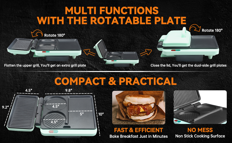 multifunctional mini grill griddle roatatable plate no mess non stick cooking surface