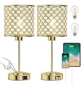 Crystal Touch Control Table Lamp with USB-C+A Charging Ports 3-Way Dimmable Nightstand Lamp Set o...