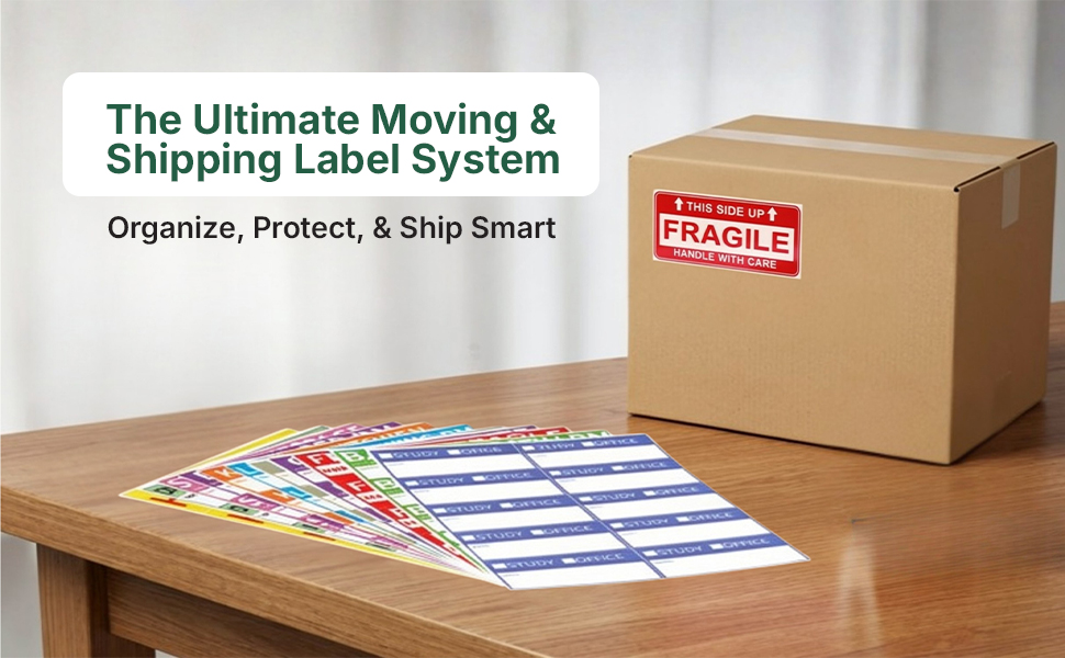 moving box labels set with color coded room stickers and fragile shipping label