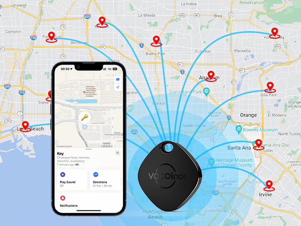 Smartphone displaying map application next to a small round tracking device. Map shows multiple location pins connected to the tracker by blue lines.