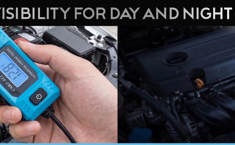 Side by side comparison of a blue automotive tester used during the day and in low light conditions
