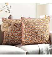 CPC 100% Cotton Throw Pillow Covers 18x18 Inch, Set of 2 Yellow Block Print Pattern Couch Pillow,...
