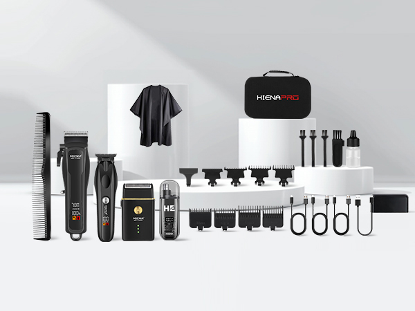 Collection of black grooming tools including hair clippers, trimmer attachments, combs and various accessories laid out on white surface.