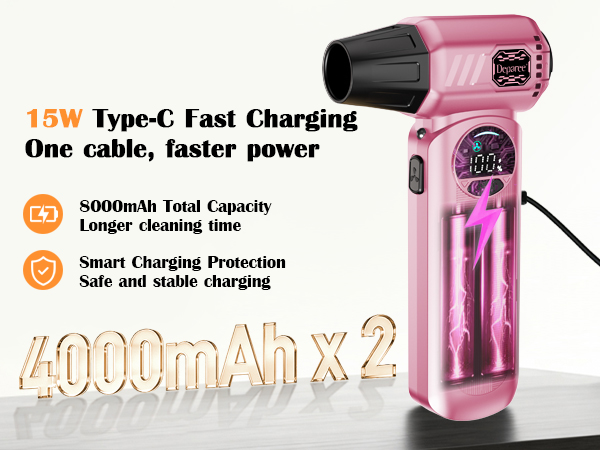 Pink air duster 8000mAh battery with 15W Type-C fast charging for longer cleaning sessions