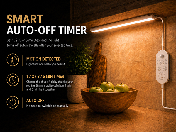 Smart auto-off timer for under cabinet lighting with adjustable delay settings
