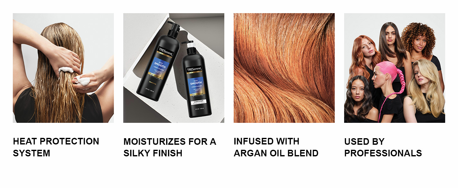 Hands lathering hair, TreSemmé bottles, radiant hair close-up, &amp; diverse models with bold styles.