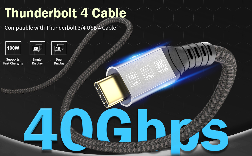 Thunderbolt 4 cable product advertisement showing braided black cable with blue LED connector, highlighting 40Gbps transfer speed.