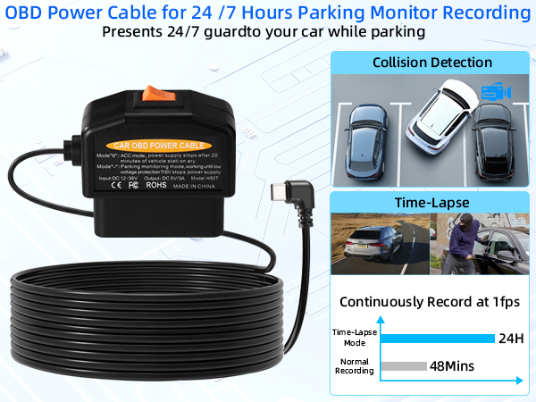 Dash Cam Hardwire Kit USB C, OBD2 to Type-C Adapter Hardwire Kit with 24/7 Parking Mode