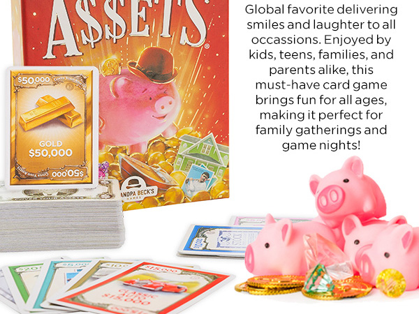 Box top shows a wealthy man with playing card examples and charming artwork families will enjoy.