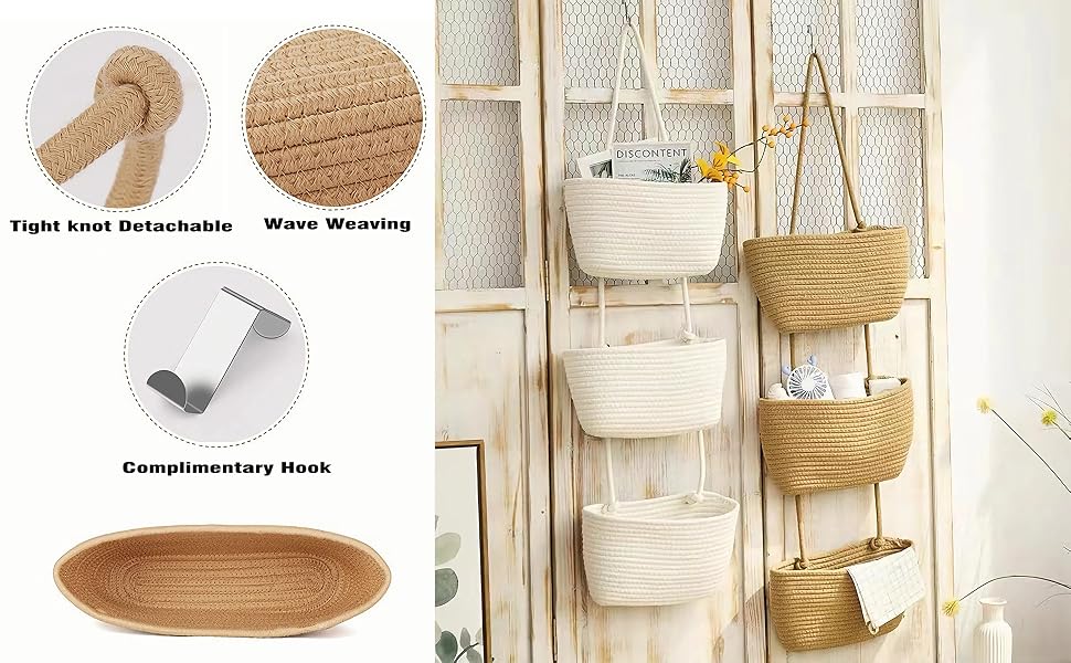 AARAINBOW Cotton Rope Hanging Storage Baskets 3 Tier Wall Hanging Organizer Rope