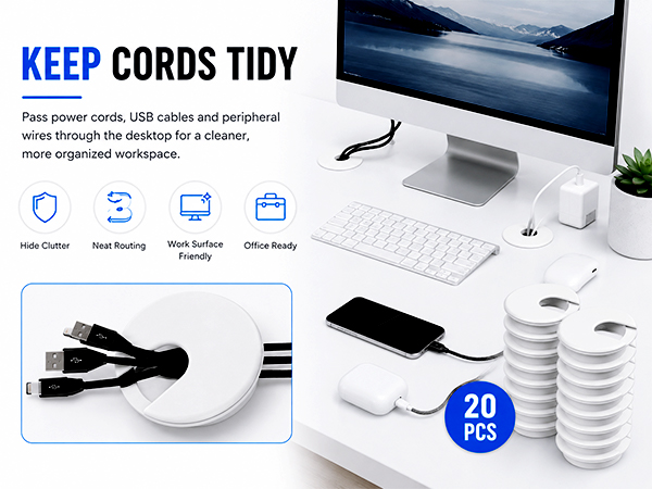 White desk cable grommets keeping cords tidy on an office desktop