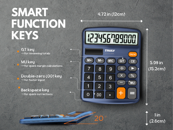 Dark blue calculator with GT MU keys, double zero, backspace, fast and accurate calculations