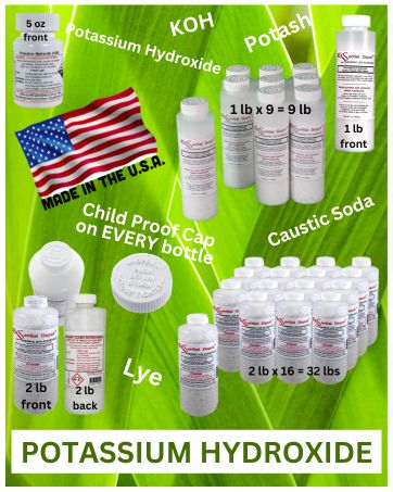 KOH Potassium Hydroxide Potash Lye Caustic Soda Collage for Brand Story Made In The U.S.A.